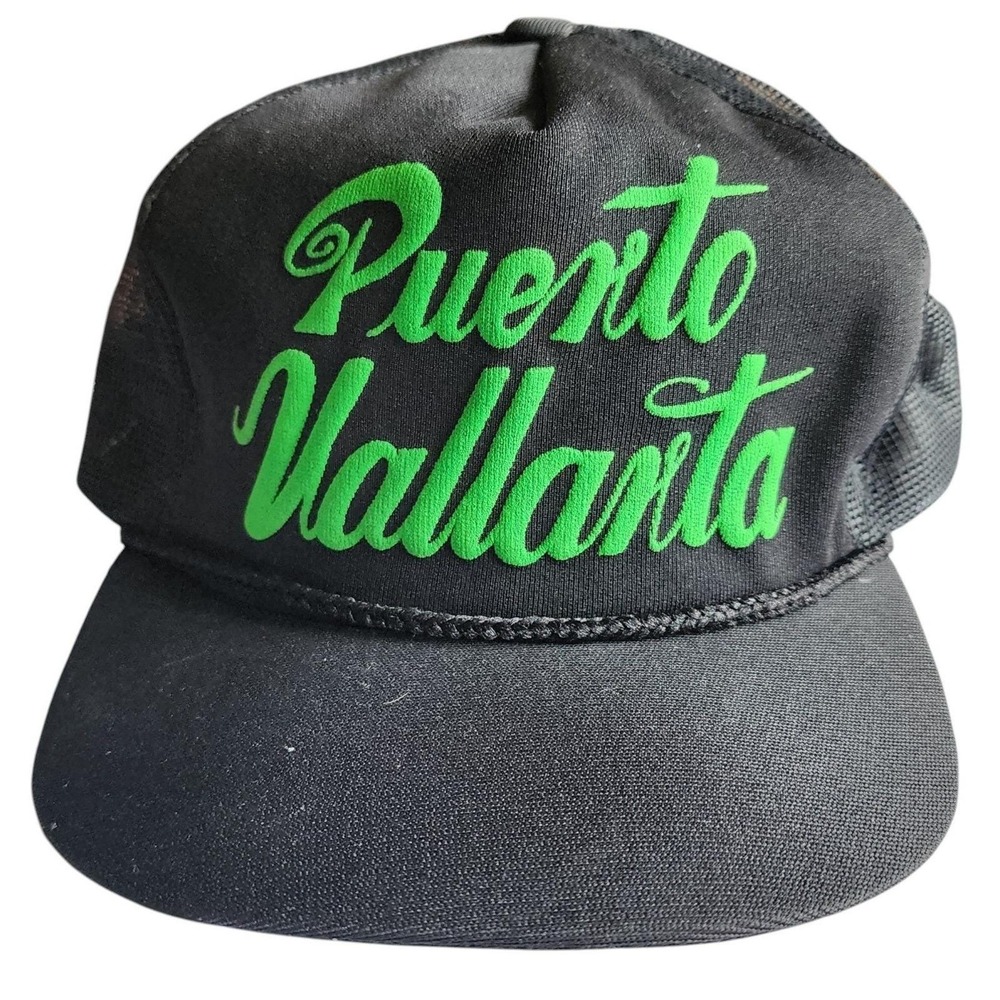 Vintage 80s Puerto Vallarta Trucker Snapback Hat Neon Green Script Mexico